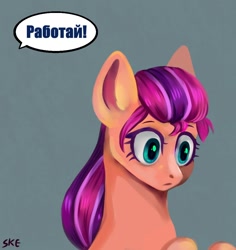 Size: 1000x1060 | Tagged: safe, artist:ske, sunny starscout, earth pony, pony, g5, bust, cyrillic, female, gray background, mare, portrait, russian, simple background, solo, speech bubble, text, translated in the comments