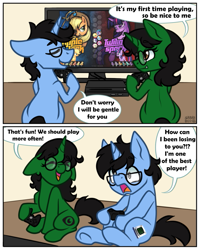 Size: 691x864 | Tagged: safe, artist:sabrib, applejack, twilight sparkle, oc, oc:ambitious gossip, oc:tinker doo, fighting is magic, g4, 2 panel comic, comic, controller, dialogue, glasses, shocked, smiling, surprised, television, text, video game