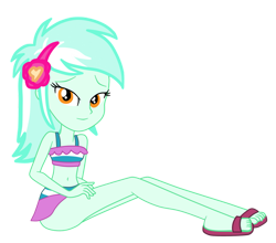Size: 953x839 | Tagged: safe, artist:gmaplay, lyra heartstrings, equestria girls, equestria girls specials, g4, my little pony equestria girls: better together, my little pony equestria girls: spring breakdown, belly button, clothes, feet, female, looking at you, lyra heartstrings swimsuit, sandals, simple background, sitting, sleeveless, solo, striped swimsuit, swimsuit, transparent background, vector