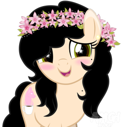 Size: 3938x4114 | Tagged: safe, artist:amgiwolf, oc, oc only, oc:amgi, earth pony, pony, blushing, earth pony oc, female, floral head wreath, flower, mare, open mouth, simple background, smiling, solo, transparent background