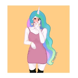 Size: 1080x1080 | Tagged: safe, artist:luna.queex, princess celestia, human, g4, abstract background, cellphone, clothes, female, horn, horned humanization, humanized, nail polish, phone, selfie, signature, smartphone, solo
