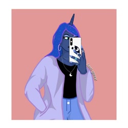 Size: 1080x1080 | Tagged: safe, artist:luna.queex, princess luna, human, g4, abstract background, cellphone, clothes, ear piercing, earring, ethereal mane, female, horn, horned humanization, humanized, jacket, jewelry, nail polish, necklace, pants, phone, piercing, selfie, signature, smartphone, solo, starry mane