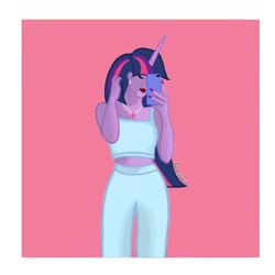 Size: 1080x1080 | Tagged: safe, artist:luna.queex, twilight sparkle, equestria girls, g4, abstract background, cellphone, clothes, female, jewelry, lipstick, nail polish, necklace, pants, phone, selfie, signature, smartphone, solo