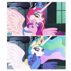 Size: 1080x1080 | Tagged: safe, artist:luna.queex, edit, edited screencap, screencap, princess amore, princess cadance, princess celestia, princess luna, alicorn, pony, friendship is magic, g4, alicornified, amorecorn, comparison, eyes closed, female, horn, indoors, jewelry, mare, peytral, race swap, s1 luna, tiara, wings