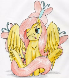 Size: 2752x3111 | Tagged: safe, artist:40kponyguy, derpibooru exclusive, fluttershy, pegasus, pony, g4, :p, bunny sitting, chest fluff, cute, cutie mark background, daaaaaaaaaaaw, ear fluff, female, head tilt, high res, mare, one eye closed, shyabetes, simple background, solo, spread wings, tongue out, traditional art, underhoof, wink