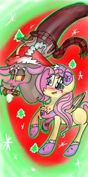 Size: 540x1080 | Tagged: safe, artist:cocolove2176, discord, fluttershy, draconequus, pegasus, pony, g4, abstract background, blushing, christmas, clothes, female, hat, holiday, male, mare, mittens, santa hat, scarf, ship:discoshy, shipping, straight, wings