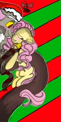 Size: 540x1080 | Tagged: safe, artist:cocolove2176, discord, fluttershy, draconequus, hybrid, pegasus, pony, g4, christmas, clothes, eyes closed, female, hat, holiday, holly, holly mistaken for mistletoe, male, mare, santa hat, scarf, ship:discoshy, shipping, straight, wings