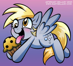 Size: 600x548 | Tagged: safe, artist:marybellamy, derpy hooves, pegasus, pony, g4, blushing, cute, derpabetes, deviantart watermark, food, muffin, obtrusive watermark, open mouth, solo, that pony sure does love muffins, tongue out, watermark