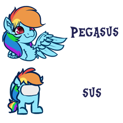 Size: 4000x4000 | Tagged: safe, artist:witchtaunter, rainbow dash, pegasus, pony, :3, absurd resolution, among us, chest fluff, colored pupils, cute, dashabetes, ear fluff, female, fluffy, mare, pun, shoulder fluff, simple background, smiling, solo, spread wings, sus (among us), suspicious, white background, wing fluff, wings