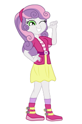 Size: 1175x1768 | Tagged: safe, artist:gmaplay, sweetie belle, equestria girls, g4, clothes, female, hand on hip, looking at you, one eye closed, shoes, simple background, skirt, solo, teeth, transparent background, wink, winking at you