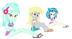 Size: 1213x659 | Tagged: safe, artist:gmaplay, derpy hooves, dj pon-3, lyra heartstrings, vinyl scratch, equestria girls, equestria girls series, g4, spring breakdown, spoiler:eqg series (season 2), belly button, clothes, feet, female, looking at you, lyra heartstrings swimsuit, one-piece swimsuit, open mouth, sandals, simple background, sitting, striped swimsuit, swimsuit, transparent background, trio, trio female, vector