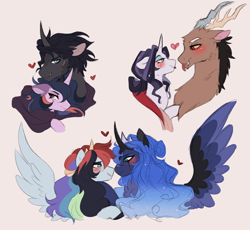Size: 1280x1178 | Tagged: safe, artist:void-sommar, discord, king sombra, princess luna, rainbow dash, rarity, twilight sparkle, draconequus, pony, alternate design, alternate hairstyle, bust, female, heart, hug, lesbian, looking at each other, lunadash, male, mare, raricord, shipping, simple background, spread wings, stallion, straight, tongue out, twibra, white background, wings
