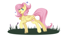 Size: 1920x1080 | Tagged: safe, artist:cottonaime, fluttershy, butterfly, pegasus, pony, g4, alternate hairstyle, cute, grass, happy, looking up, open mouth, raised hoof, shyabetes, smiling, solo