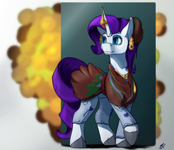Size: 2500x2160 | Tagged: safe, artist:tenebrisnoctus, rarity, pony, unicorn, g4, abstract background, clothes, ear piercing, earring, female, high res, horn, horn jewelry, jewelry, mare, piercing, solo, unshorn fetlocks