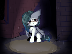 Size: 4000x3000 | Tagged: safe, artist:luxsimx, oc, oc only, oc:ethereal pelagia, pegasus, pony, crying, female, filly, floppy ears, looking at you, pegasus oc, rain, sad, sitting, solo