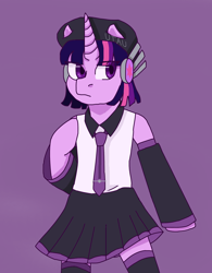 Size: 1508x1930 | Tagged: safe, artist:theedgyduck, twilight sparkle, unicorn, semi-anthro, g4, arm hooves, clothes, crossover, defoko, detached sleeves, female, hand on chest, hat, mare, necktie, skirt, solo, standing up, standing upright, unicorn twilight, uta utane, utauloid