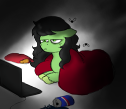 Size: 1089x951 | Tagged: safe, artist:happyartfag, color edit, edit, oc, oc:filly anon, earth pony, fly, insect, pony, 4chan, bags under eyes, blanket, chips, colored, colored hooves, computer, female, filly, food, laptop computer, soda can, solo