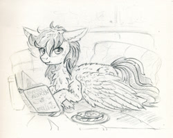 Size: 999x795 | Tagged: safe, artist:maytee, oc, oc only, pegasus, pony, book, chest fluff, cookie, couch, ear fluff, floppy ears, food, monochrome, pillow, sketch, solo, traditional art