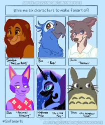 Size: 1800x2150 | Tagged: safe, artist:cevandor, nightmare moon, alicorn, big cat, bird, cat, dog, lion, macaw, parrot, pony, spix's macaw, wolf, anthro, g4, animal crossing, anthro with ponies, beastars, bob, bust, clothes, crossover, ethereal mane, female, helmet, horn, juno (beastars), mare, my neighbor totoro, peytral, rio, simba, six fanarts, smiling, starry mane, the lion king, totoro, tyler blu gunderson, wings