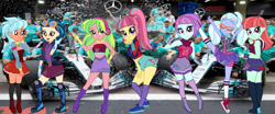 Size: 1384x577 | Tagged: safe, artist:gmaplay, frosty orange, indigo zap, lemon zest, melon mint, sour sweet, sugarcoat, sunny flare, equestria girls, g4, converse, formula 1, group, mercedes-benz, race queen, racing, racing suit, shadowbolts, shoes