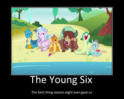 Size: 1075x859 | Tagged: safe, artist:thejboy88, edit, edited screencap, screencap, gallus, ocellus, sandbar, silverstream, smolder, yona, changedling, changeling, classical hippogriff, dragon, earth pony, griffon, hippogriff, pony, yak, g4, school daze, bow, cloven hooves, colored hooves, dragoness, female, hair bow, jewelry, laughing, male, mawshot, monkey swings, motivational poster, necklace, open mouth, student six, teenager, uvula, volumetric mouth