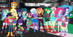 Size: 1256x636 | Tagged: safe, artist:gmaplay, apple bloom, applejack, fluttershy, juniper montage, pinkie pie, rainbow dash, rarity, sci-twi, scootaloo, spitfire, sunset shimmer, sweetie belle, twilight sparkle, wallflower blush, winona, dog, equestria girls, g4, cutie mark crusaders, energy drink, formula 1, humane five, humane seven, humane six, racing, racing suit, red bull