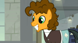 Size: 600x336 | Tagged: safe, screencap, sans smirk, earth pony, pony, g4, the last laugh, animated, implied cheese sandwich, male, mask, solo, stallion