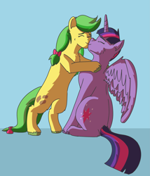 Size: 3269x3818 | Tagged: safe, artist:applejackofalltrades, apple fritter, twilight sparkle, alicorn, earth pony, pony, g4, apple family member, commission, high res, kissing, shipping, simple background, twifritter, twilight sparkle (alicorn)
