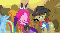 Size: 852x480 | Tagged: safe, screencap, little strongheart, pinkie pie, rainbow dash, sheriff silverstar, bison, buffalo, earth pony, pony, g4, over a barrel, season 1, animated, apple, clothes, dress, female, food, gif, male, mare, puffy sleeves, saloon dress, saloon pinkie, sexy, stallion, swaying hips, unnamed buffalo, unnamed character, you gotta share