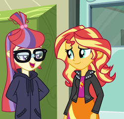 Size: 6000x5760 | Tagged: safe, artist:emeraldblast63, moondancer, sunset shimmer, equestria girls, g4, arm behind back, canterlot high, clothes, duo, duo female, equestria girls-ified, female, glasses, hallway, hoodie, jacket