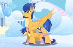 Size: 1170x755 | Tagged: safe, artist:alister-calouro, flash sentry, oc, oc:starry sword, pegasus, pony, g4, beard, cloudsdale, colt, facial hair, father and child, father and son, male, offspring, parent:flash sentry, parent:twilight sparkle, parents:flashlight, story in the source
