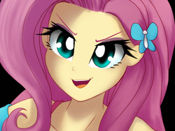 Size: 1221x916 | Tagged: safe, artist:astevenamedwolf, fluttershy, equestria girls, g4, my little pony equestria girls: better together, black background, bust, evil smile, female, hair accessory, looking at you, open mouth, portrait, simple background, smiling, smirk, solo