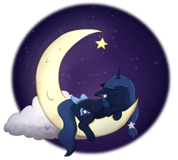 Size: 1024x925 | Tagged: safe, artist:foxhatart, oc, oc only, oc:night star, alicorn, pony, g4, alicorn oc, bow, crescent moon, female, horn, mare, moon, sleeping, sleeping on moon, solo, tail bow, tangible heavenly object, transparent moon, wings