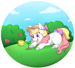Size: 1024x928 | Tagged: safe, artist:foxhatart, oc, oc only, oc:taffy, pony, unicorn, g4, blushing, bow, female, hat, lying down, mare, plant, prone, solo, tail bow, watering can