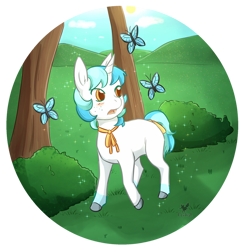 Size: 1024x1041 | Tagged: safe, artist:foxhatart, oc, oc only, oc:teal, butterfly, pony, unicorn, g4, blushing, male, solo, stallion, tree