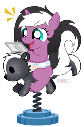 Size: 796x1200 | Tagged: safe, artist:jennieoo, oc, oc only, oc:charming dazz, pony, skunk, skunk pony, unicorn, cute, diaper, female, filly, foal, happy, nintendo ds, show accurate, smiling, solo