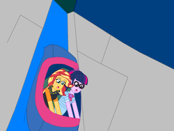 Size: 1440x1080 | Tagged: safe, artist:eli-j-brony, sci-twi, sunset shimmer, twilight sparkle, equestria girls, g4, my little pony equestria girls: better together, boat, bow, clothes, glasses, leather vest, reference, spongebob squarepants, tunnel of glove, waterfall