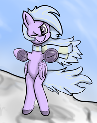 Size: 2093x2643 | Tagged: safe, artist:vinca, oc, oc only, oc:vinca aquamarine, pegasus, pony, bipedal, clothes, female, high res, looking at you, mare, one eye closed, scarf, solo, standing, underhoof, wings, wink, winking at you