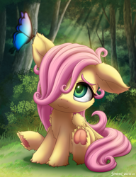 Size: 2000x2600 | Tagged: safe, artist:symbianl, fluttershy, butterfly, pegasus, pony, g4, :3, colored underhoof, cute, daaaaaaaaaaaw, female, filly, filly fluttershy, floppy ears, foal, frog (hoof), hair over one eye, heart, high res, hoof heart, precious, shyabetes, smiling, smol, solo, symbianl is trying to murder us, underhoof, weapons-grade cute, wings, younger