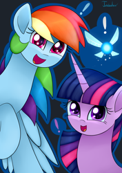 Size: 2480x3507 | Tagged: safe, artist:twidasher, rainbow dash, twilight sparkle, fairy, pegasus, pony, g4, crossover, exclamation point, female, hey listen, high res, lesbian, looking at you, navi, ship:twidash, shipping, the legend of zelda, trio