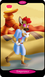 Size: 1500x2591 | Tagged: safe, artist:sixes&sevens, oc, oc only, oc:harlequin, draconequus, alcohol, crown, cup, desert, draconequus oc, jewelry, lake, major arcana, mountain, mountain range, nonbinary, pouring, regalia, road, solo, tarot card, temperance, wine