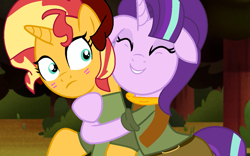 Size: 1157x720 | Tagged: safe, artist:aurorasparklesentry, artist:jadeharmony, starlight glimmer, sunset shimmer, pony, unicorn, g4, bandana, base used, belt, blushing, camp camp, clothes, cosplay, costume, crossover, david (camp camp), eyes closed, female, forest, grin, gwen (camp camp), gwenvid, hat, hug, lesbian, mare, raised hoof, rooster teeth, ship:shimmerglimmer, shipping, shirt, shorts, smiling, t-shirt, tree, vest