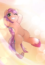 Size: 1430x2048 | Tagged: safe, artist:kurogewapony, sunny starscout, earth pony, pony, semi-anthro, g5, abstract background, belly, braid, cute, female, grin, hooves behind head, looking at you, mare, one eye closed, simple background, smiling, solo, sunnybetes, teeth, unshorn fetlocks, wink