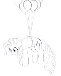 Size: 1573x1968 | Tagged: safe, artist:some_ponu, pinkie pie, earth pony, pony, g4, balloon, floating, monochrome, sketch, solo, then watch her balloons lift her up to the sky