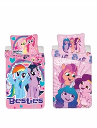 Size: 3106x4096 | Tagged: safe, fluttershy, izzy moonbow, pinkie pie, pipp petals, rainbow dash, sunny starscout, twilight sparkle, alicorn, earth pony, pegasus, pony, unicorn, g4, g5, bed, bedsheets, better forever, red eyes, red-eyed pipp, twilight sparkle (alicorn)