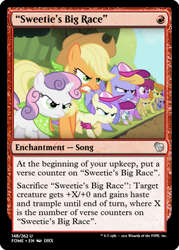 Size: 375x523 | Tagged: safe, edit, alula, applejack, berry punch, berryshine, carrot top, cloud kicker, dinky hooves, golden harvest, noi, piña colada, pluto, sweetie belle, friendship is witchcraft, g4, sisterhooves social, bandana, ccg, hat, implied sweetie bot, magic the gathering, trading card, trading card edit