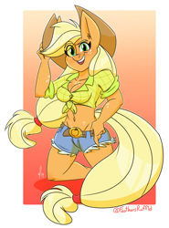Size: 1359x1837 | Tagged: safe, artist:feathers-ruffled, applejack, earth pony, anthro, g4, 2020, applejack's hat, arm freckles, belly button, belly freckles, belt, blonde mane, breasts, chest freckles, cleavage, clothes, confident, cowboy hat, cowgirl, denim shorts, eye clipping through hair, female, freckles, front knot midriff, green eyes, hat, leg freckles, midriff, ponytail, shirt, shorts, smiling, solo, tail, tomboy