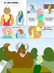 Size: 3061x4125 | Tagged: safe, artist:matchstickman, applejack, fluttershy, rainbow dash, oc, earth pony, minotaur, pegasus, anthro, plantigrade anthro, comic:now i'm a jerk, g4, abs, applejacked, biceps, bread, breasts, busty applejack, busty fluttershy, busty rainbow dash, comic, commission, deltoids, dialogue, female, food, male, mare, muscles, pecs, rainbuff dash, speech bubble, table, thought bubble