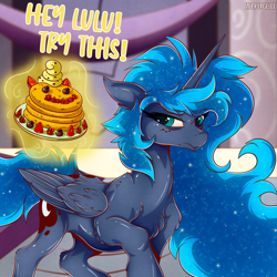 Size: 2000x2000 | Tagged: safe, artist:zuckergelee, princess luna, alicorn, pony, a royal problem, g4, bloodshot eyes, blueberry, concave belly, ethereal mane, ethereal tail, fit, folded wings, food, freckles, grumpy luna, high res, implied princess celestia, luna is not amused, magic, messy mane, muscles, pancakes, slender, solo, starry mane, starry tail, strawberry, tail, telekinesis, thin, unamused, whipped cream, wings