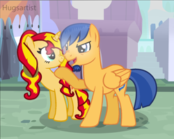 Size: 1160x928 | Tagged: safe, artist:a01421, artist:allycatblu, artist:hugsartist, artist:parclytaxel, artist:ponybasesrus, flash sentry, sunset shimmer, pegasus, pony, unicorn, g4, alternate hairstyle, base used, duo, female, male, mare, scrunchy face, ship:flashimmer, shipping, stallion, straight